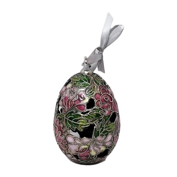 Cloisonne Enameled Egg Christmas Ornament Hanging Cut Out Floral Design Stunning - Picture 2 of 9